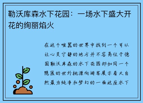 勒沃库森水下花园：一场水下盛大开花的绚丽焰火